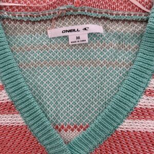 O'Neill Women's V-Neck Sweater - Mint and Coral Stripes